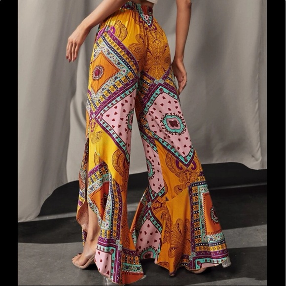 Boho Bohemian Gypsy Floral Paisley Print Slit wide Leg Pants - Picture 4 of 9